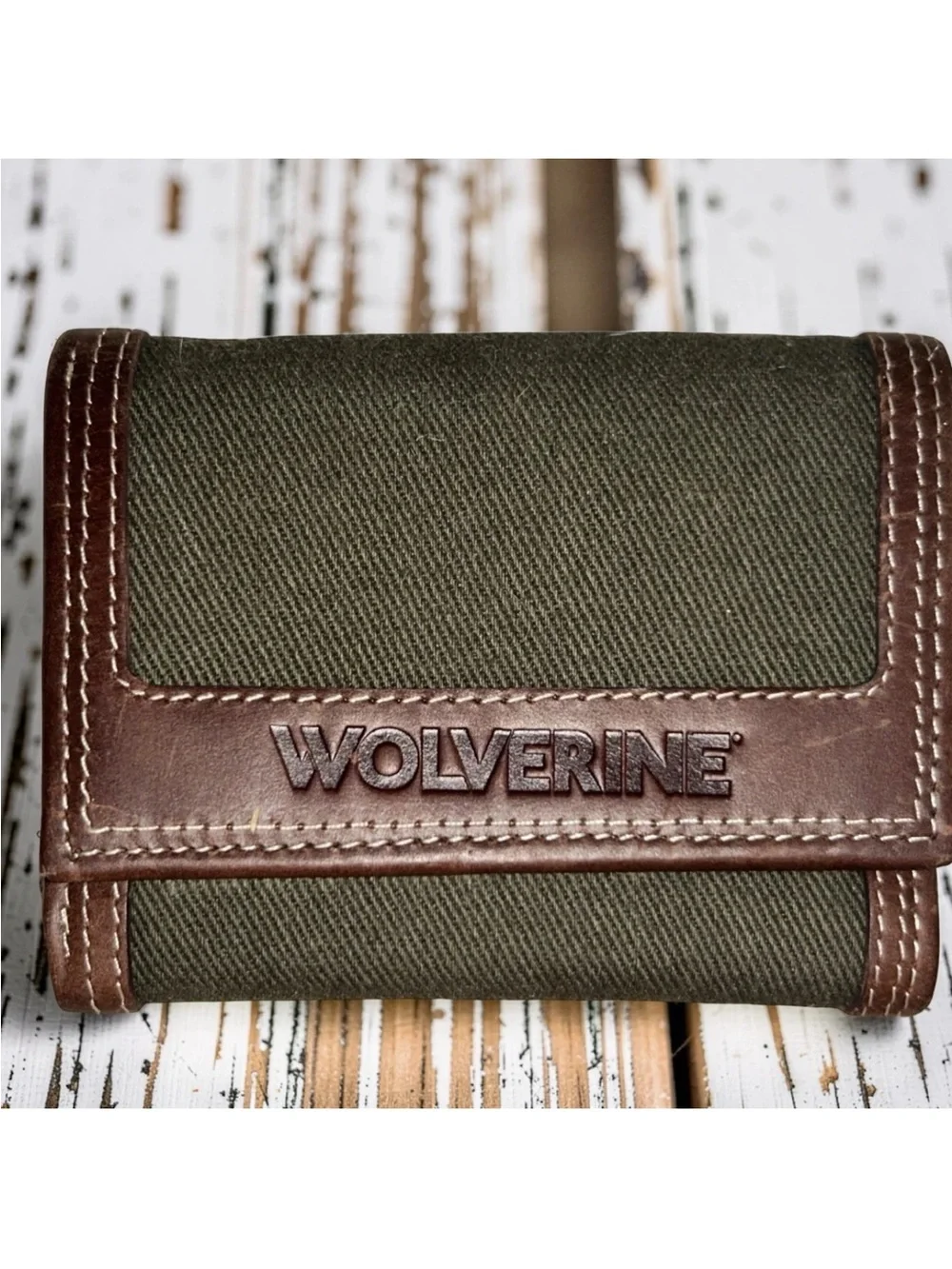 Wolverine Oil Tan Leather and Canvas Trifold Wallet in Brown/Olive
